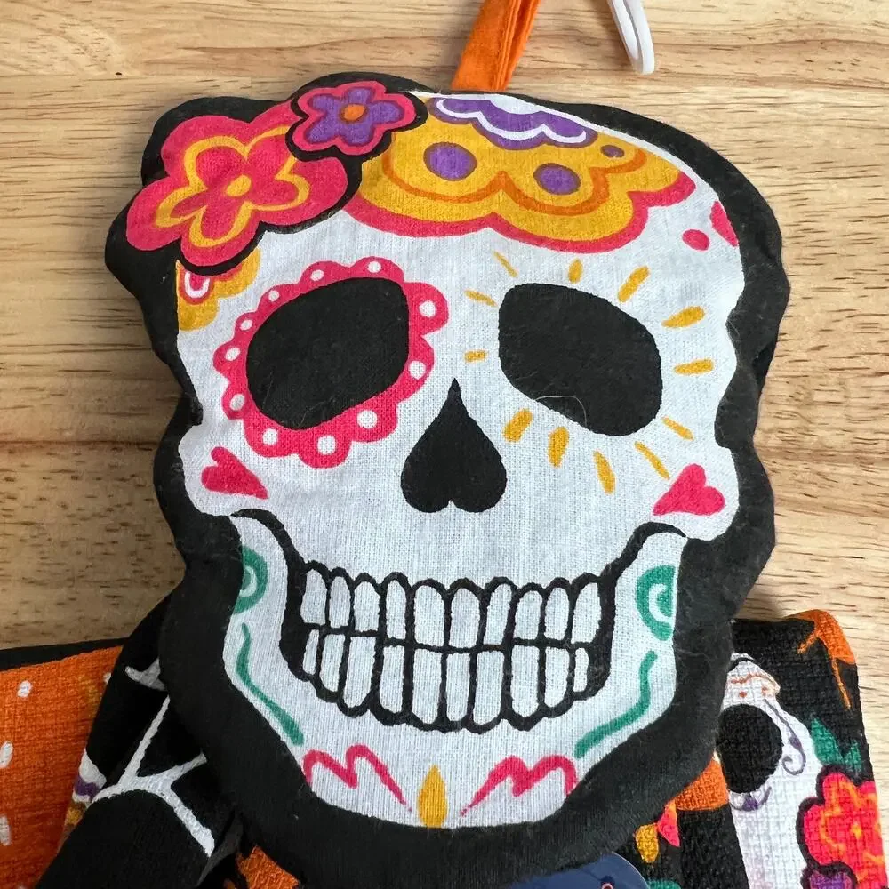 Lunaville Halloween Sugar Skull Black Kitchen Towels - Set of Two - NWT